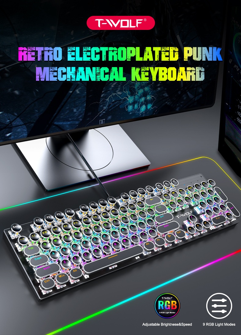 Tastiera meccanica da gioco T-WOLF Thunder Wolf T75 con pannello in metallo, stile punk retrò, rotonda, russa/coreana_voghion.com