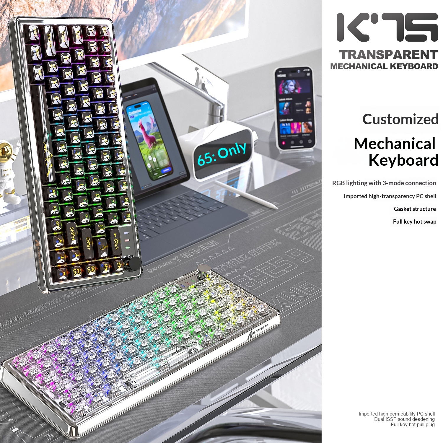 Teclado mecánico inalámbrico Bluetooth Attack Shark K75RGB con junta transparente e intercambiable en caliente_voghion.com