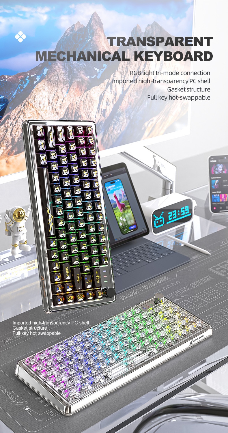 Teclado mecánico inalámbrico Bluetooth Attack Shark K75RGB con junta transparente e intercambiable en caliente_voghion.com