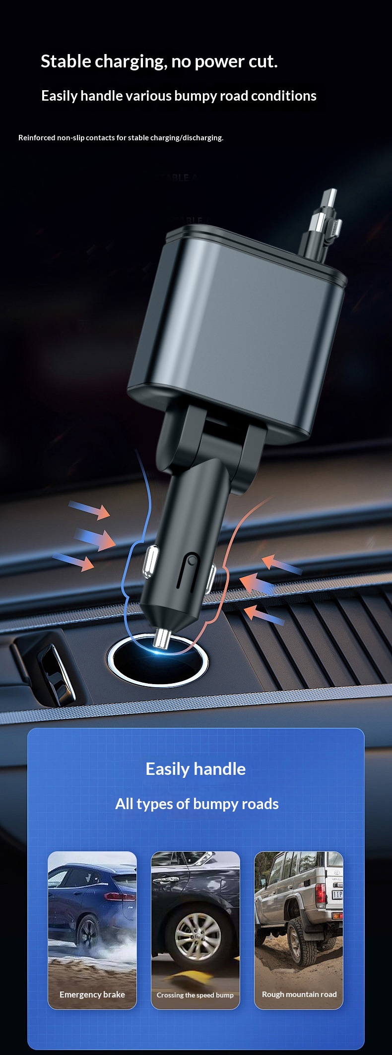 Car Charger With Retractable Cable Fast Charging Adapter_voghion.com