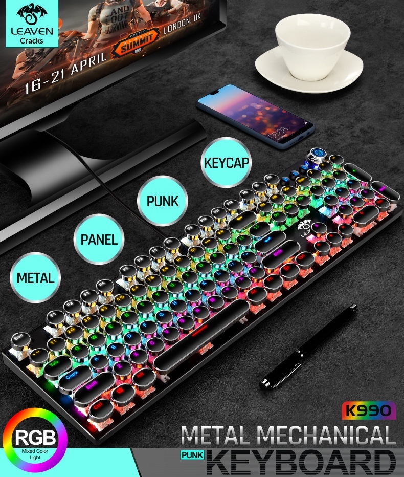 Tastiera meccanica autentica, stile steampunk rosa femminile, con manopole per computer blu e bianche a sublimazione, ideale per il mercato transfrontaliero._voghion.com