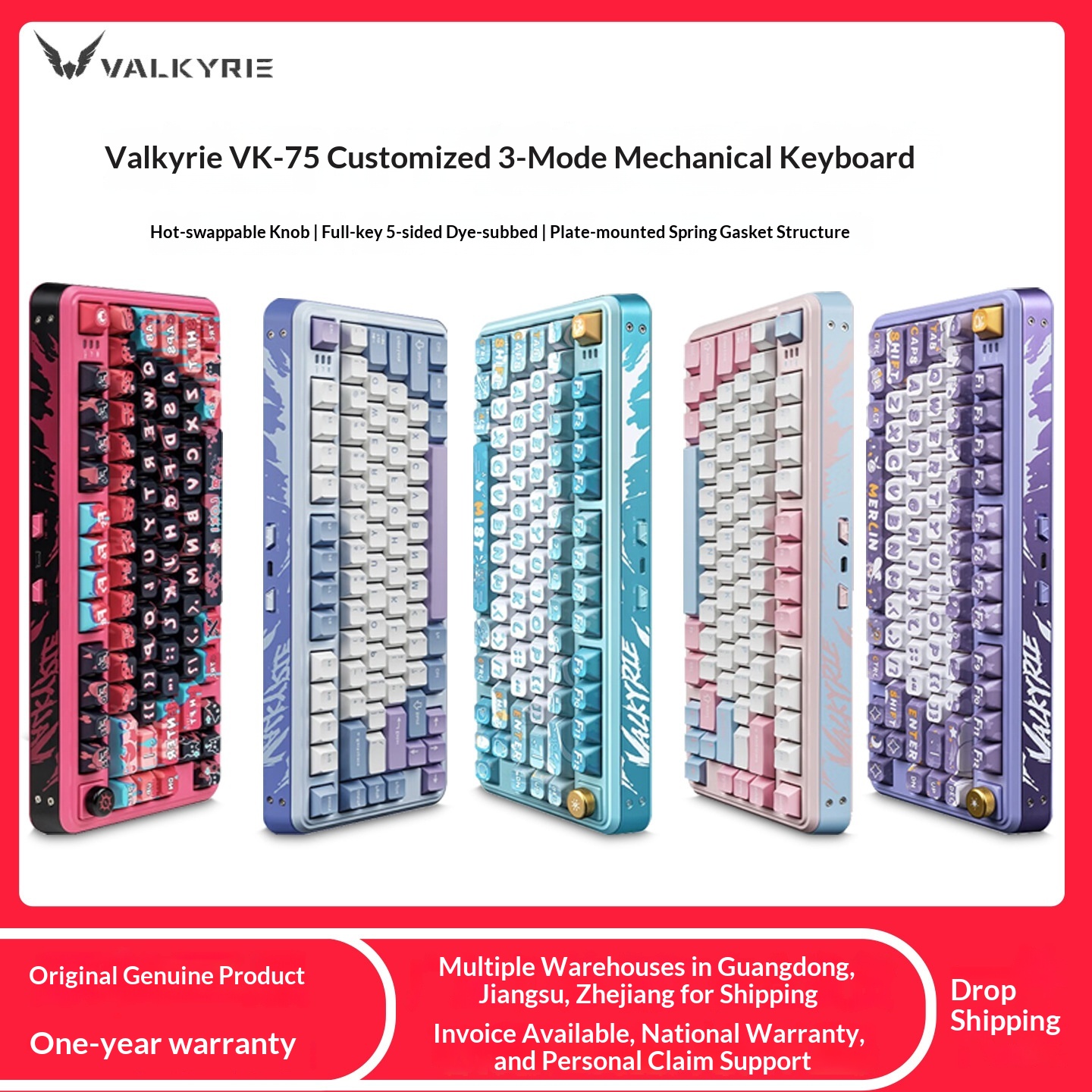 VALKYRIE VK75 Anpassbare mechanische Tastatur mit Tri-Mode 2,4 GHz/Kabelgebunden/Bluetooth Lineare Schalter_voghion.com