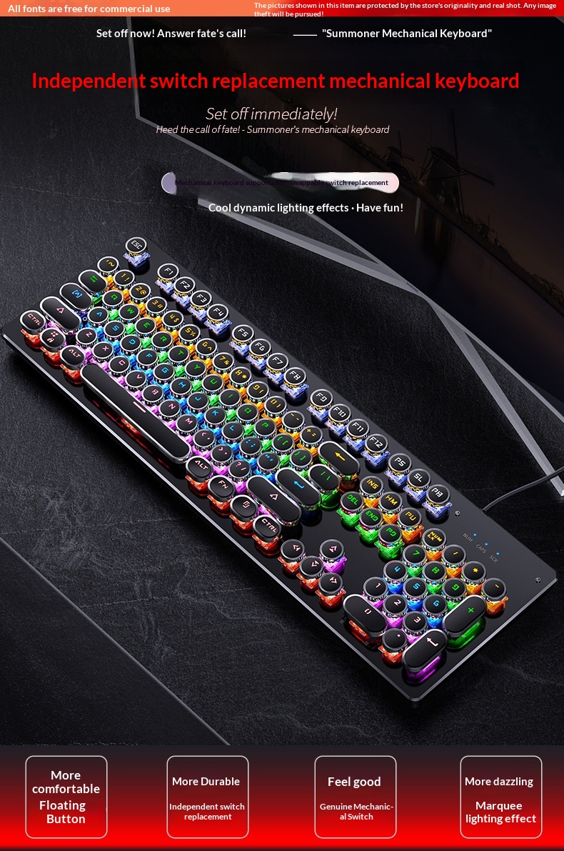 Silver Eagle Summoner True Mechanical Keyboard, Swappable Switches, Gaming Green Switch, Punk Style, Wired USB,_voghion.com