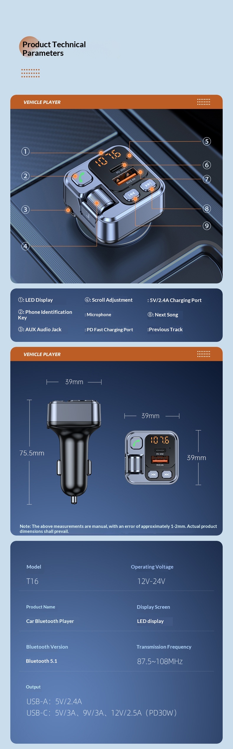 Bluetooth bilsæt med mp3 afspiller og hurtigoplader_voghion.com