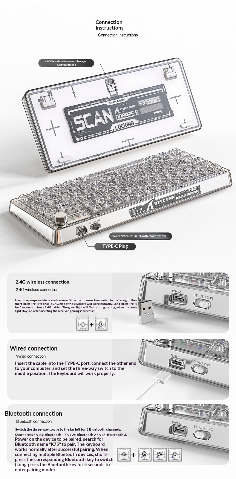 Teclado mecánico inalámbrico Bluetooth Attack Shark K75RGB con junta transparente e intercambiable en caliente_voghion.com