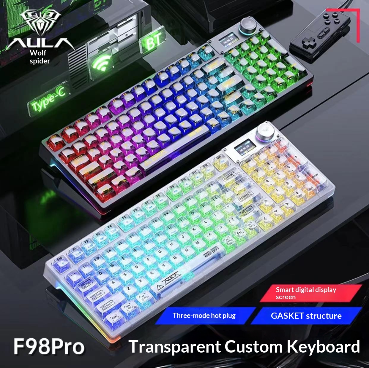 Wolf Spider F98pro/F98ProV3 Transparent Customized Three-Mode Wireless Bluetooth Mechanical Keyboard With Hot-Swappable_voghion.com