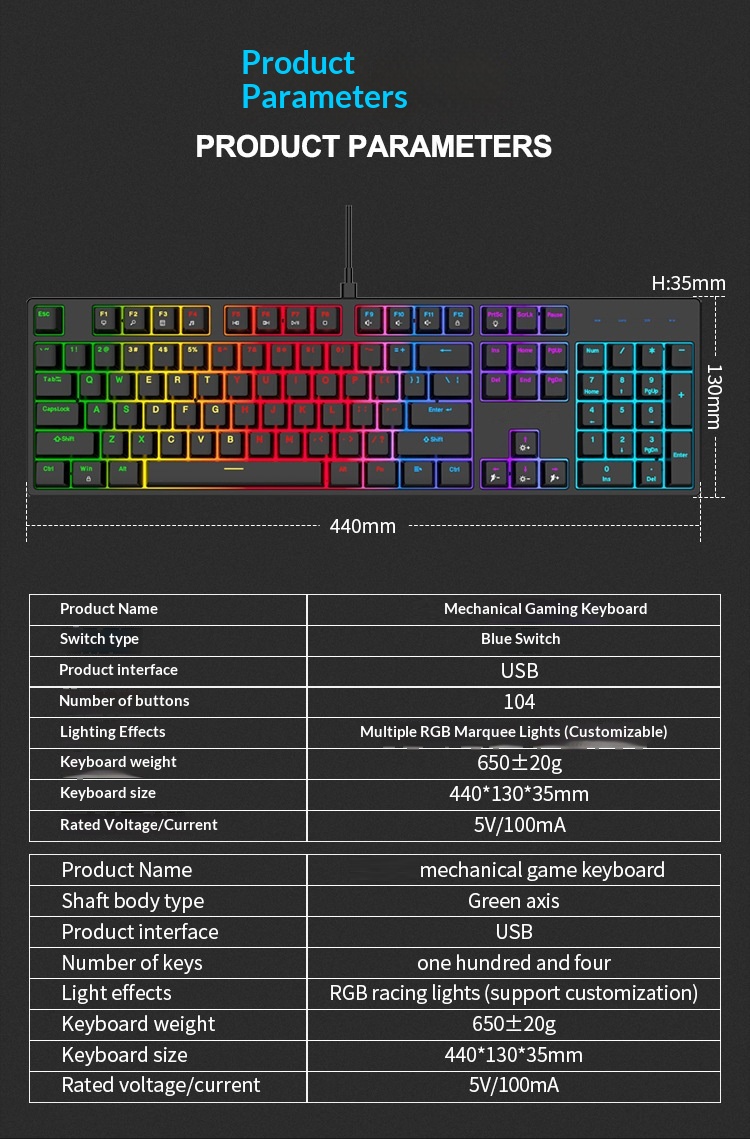 Clavier mécanique filaire de jeu à 104 touches avec interface Type-C et interrupteur bleu, éclairage RVB_voghion.com