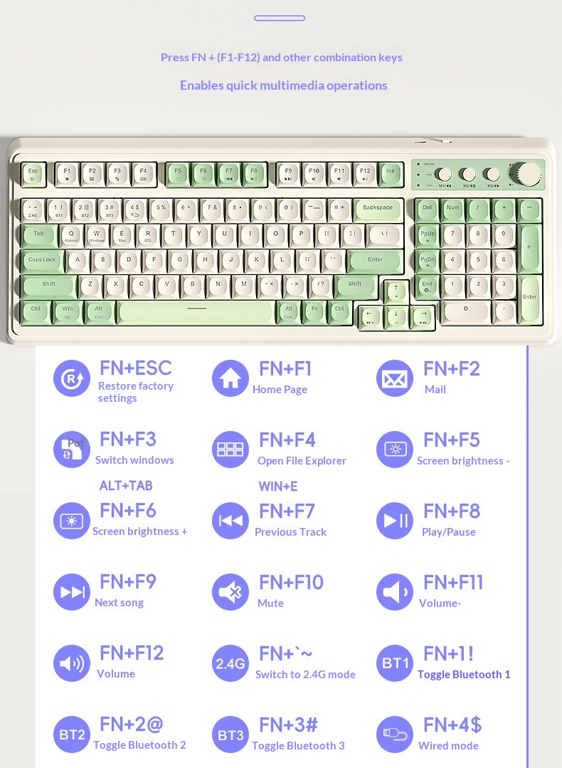 Teclado inalámbrico Bluetooth de tres modos, de alta calidad, para juegos, oficina y escritura, compatible con ordenadores de sobremesa y portátiles. Recargable._voghion.com