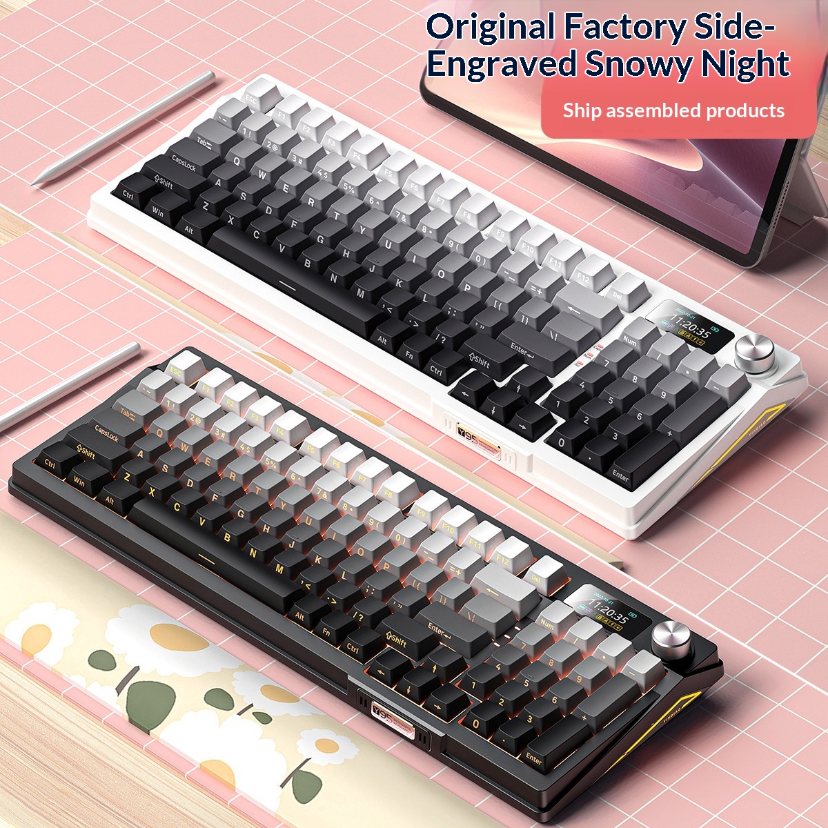 Srebrny Eagle 95D, trójtrybowy, mechaniczny, z bocznym nadrukiem gradientowym, dwukolorowy, wtryskowy, bezprzewodowy, Bluetooth 98 RGB, przewodowy_voghion.com