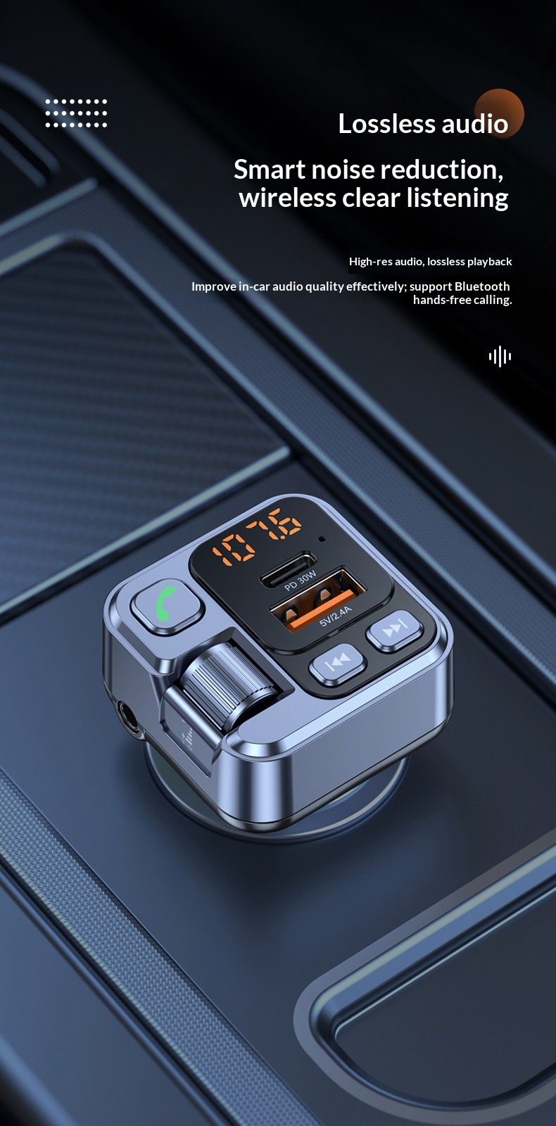 Bluetooth bilsæt med mp3 afspiller og hurtigoplader_voghion.com