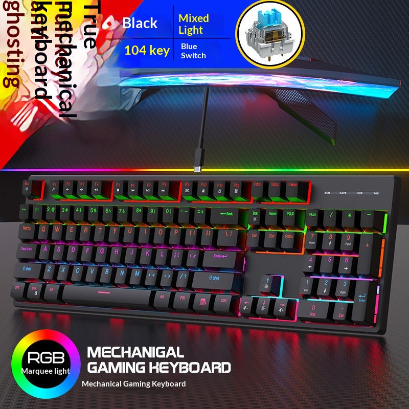 Clavier mécanique filaire de jeu à 104 touches avec interface Type-C et interrupteur bleu, éclairage RVB_voghion.com