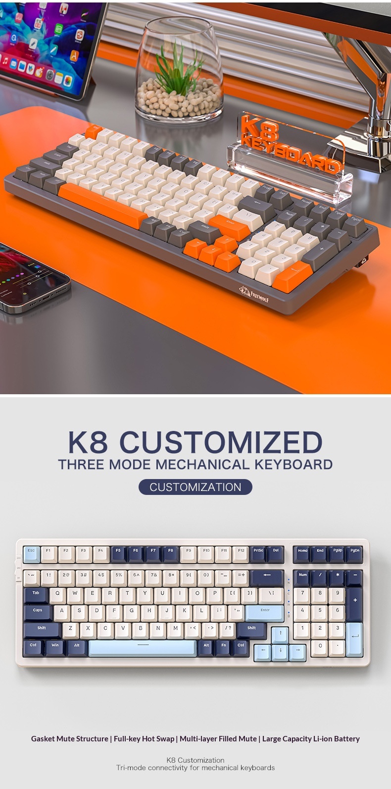 Liberty Wolf K8 Mechanical Keyboard Wireless 2.4G Bluetooth Tri-Mode Hot-Swappable Customizable Gaming Gasket Structure_voghion.com