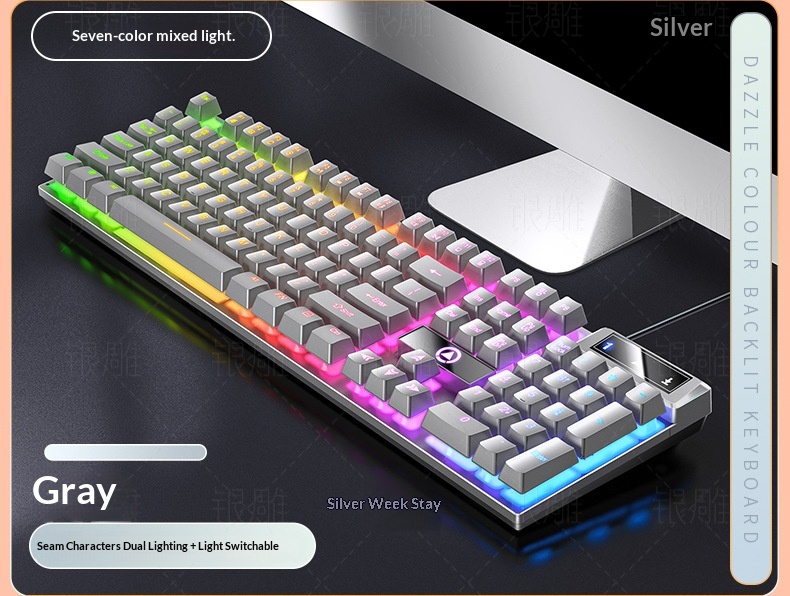 Teclado con cable para juegos Silver Eagle K500, con bloques de color, luminoso y tacto mecánico, accesorios para ordenador de sobremesa._voghion.com