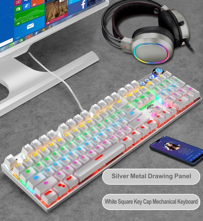 Tastiera meccanica autentica, stile steampunk rosa femminile, con manopole per computer blu e bianche a sublimazione, ideale per il mercato transfrontaliero._voghion.com