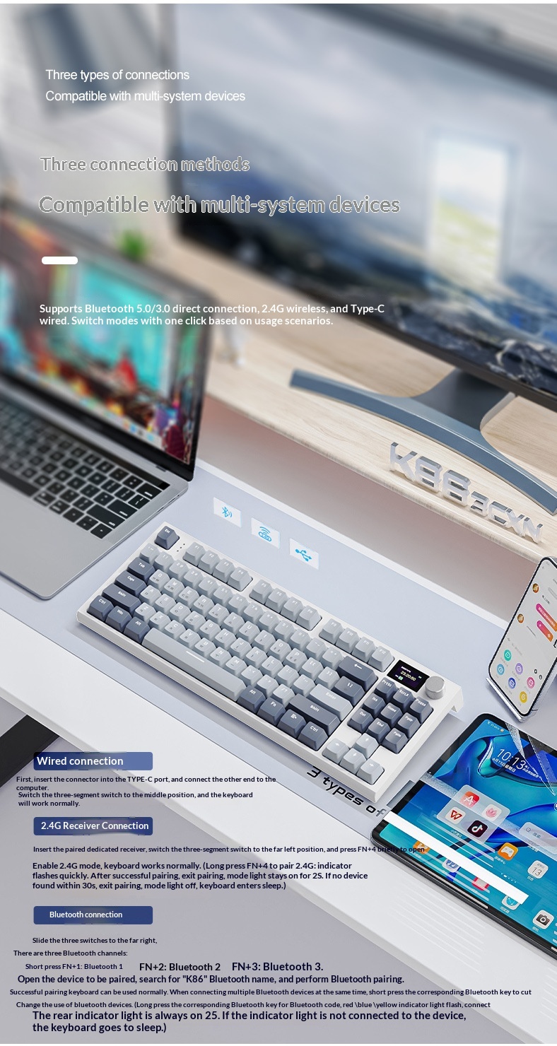 Tastiera meccanica wireless Bluetooth Attack Shark K86 Tri-Mode RGB con switch sostituibili a caldo, stile coreano._voghion.com