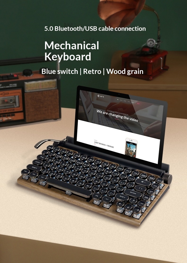 Cross-Border Source Punk Retro Gaming Internet Cafe Kabelgebundene Kabellose Bluetooth Mechanische Tastatur mit blauen Schaltern_voghion.com