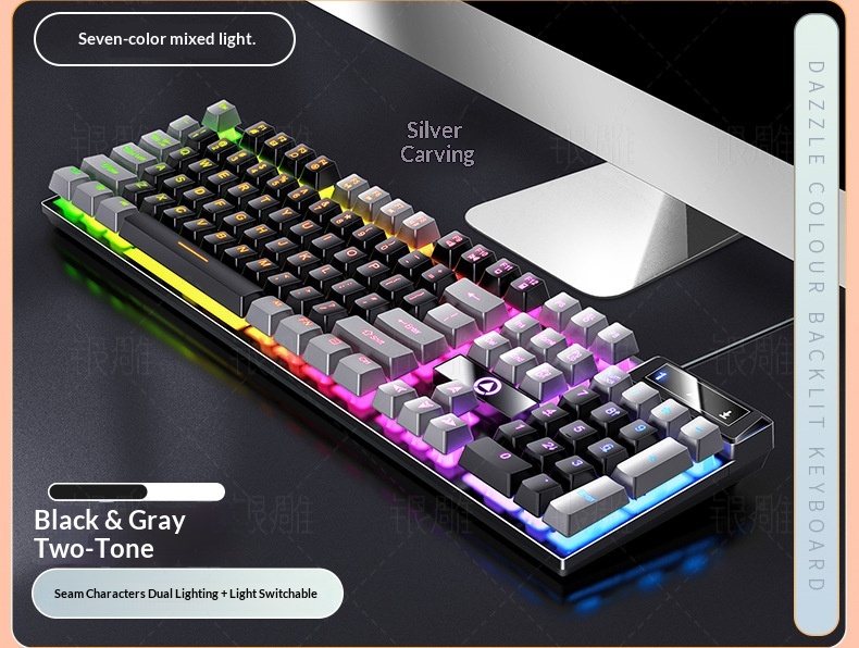 Teclado con cable para juegos Silver Eagle K500, con bloques de color, luminoso y tacto mecánico, accesorios para ordenador de sobremesa._voghion.com
