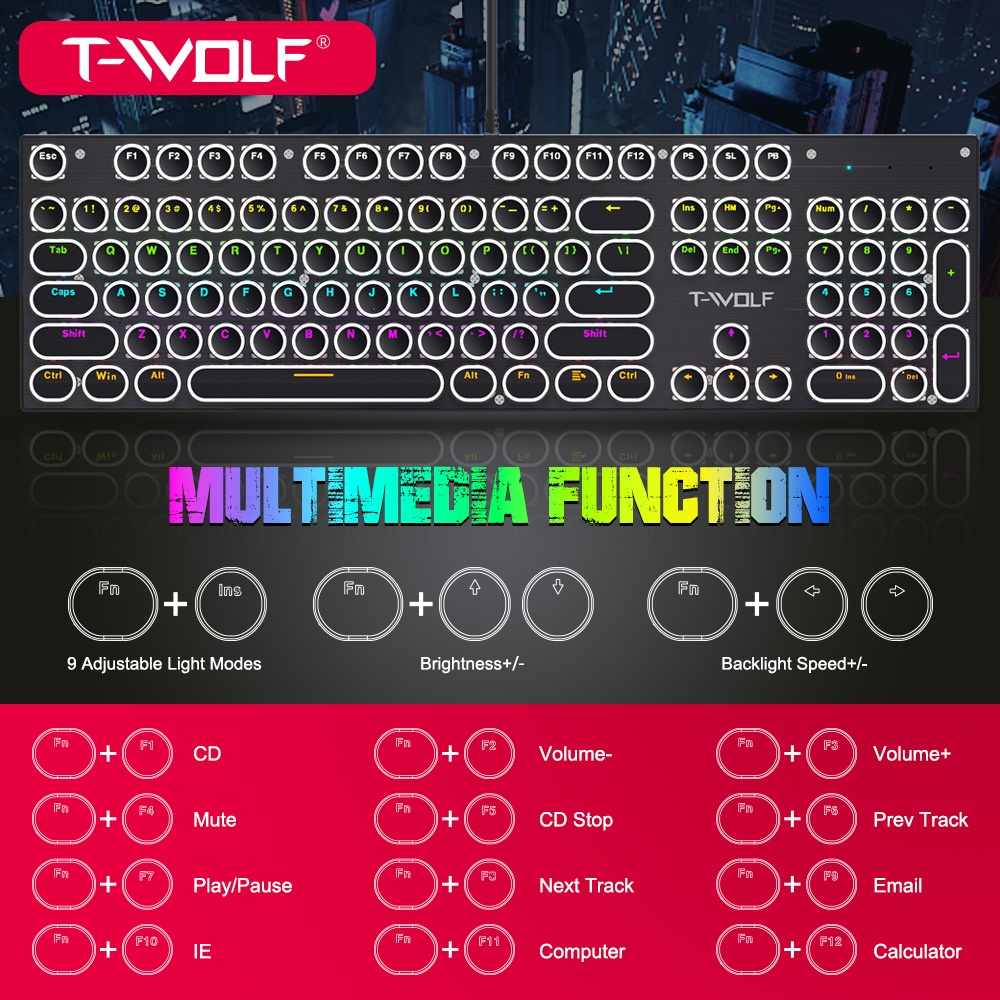 Tastiera meccanica da gioco T-WOLF Thunder Wolf T75 con pannello in metallo, stile punk retrò, rotonda, russa/coreana_voghion.com