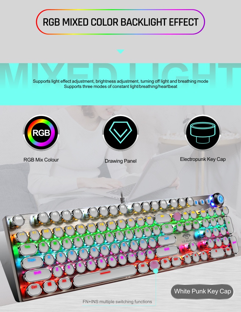 Tastiera meccanica autentica, stile steampunk rosa femminile, con manopole per computer blu e bianche a sublimazione, ideale per il mercato transfrontaliero._voghion.com