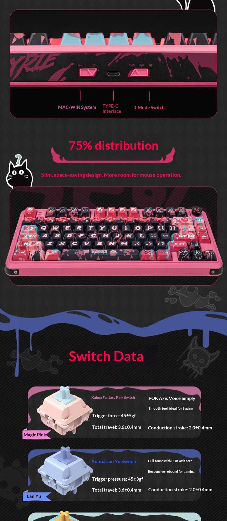 VALKYRIE VK75 Anpassbare mechanische Tastatur mit Tri-Mode 2,4 GHz/Kabelgebunden/Bluetooth Lineare Schalter_voghion.com