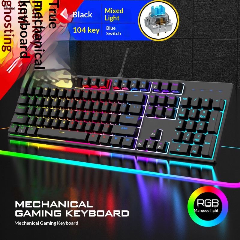 Teclado mecánico con interruptores verdes de fábrica, 104 teclas, anti-ghosting completo, iluminación RGB, interfaz USB-C y cableado._voghion.com