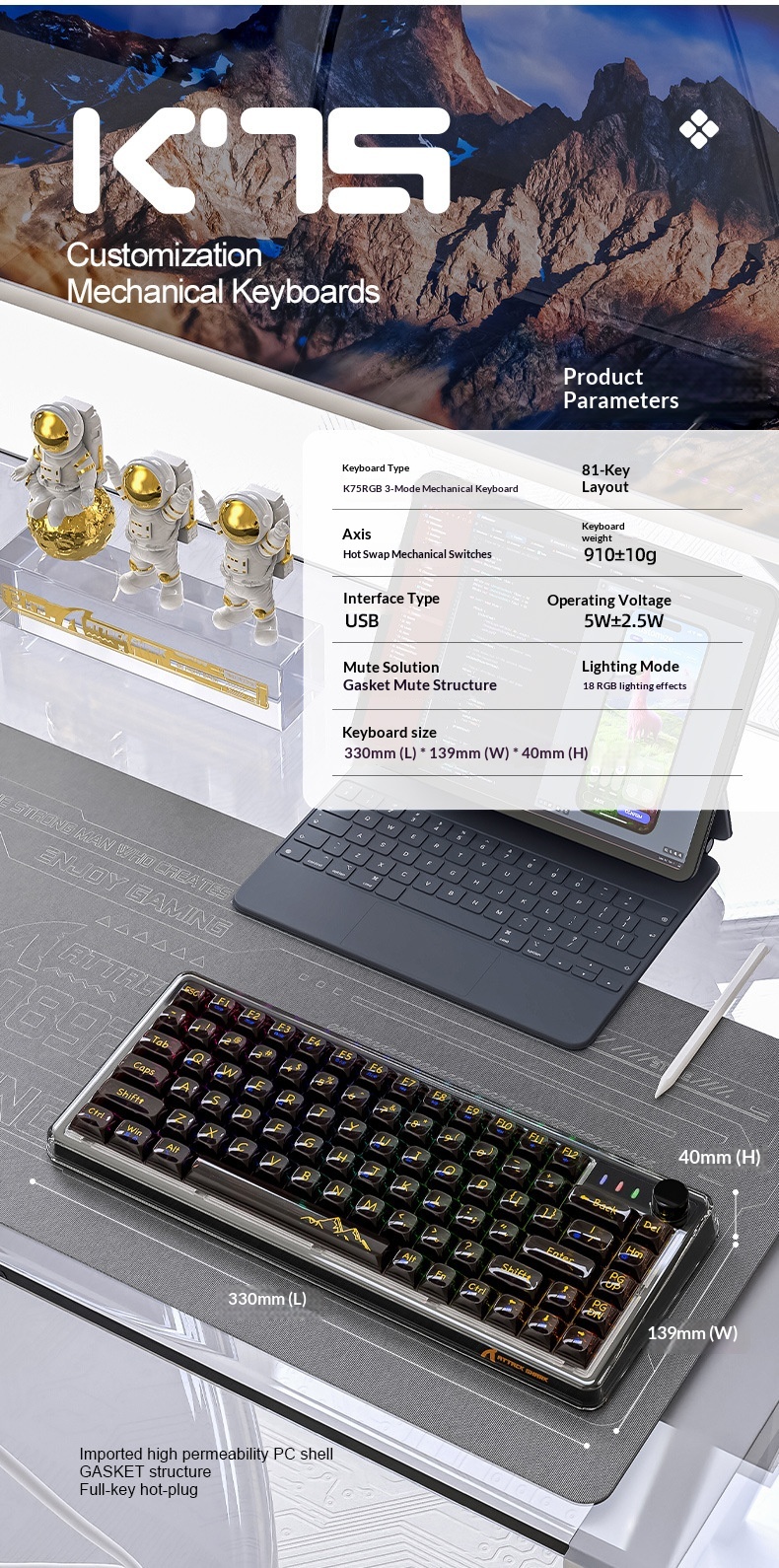 Teclado mecánico inalámbrico Bluetooth Attack Shark K75RGB con junta transparente e intercambiable en caliente_voghion.com