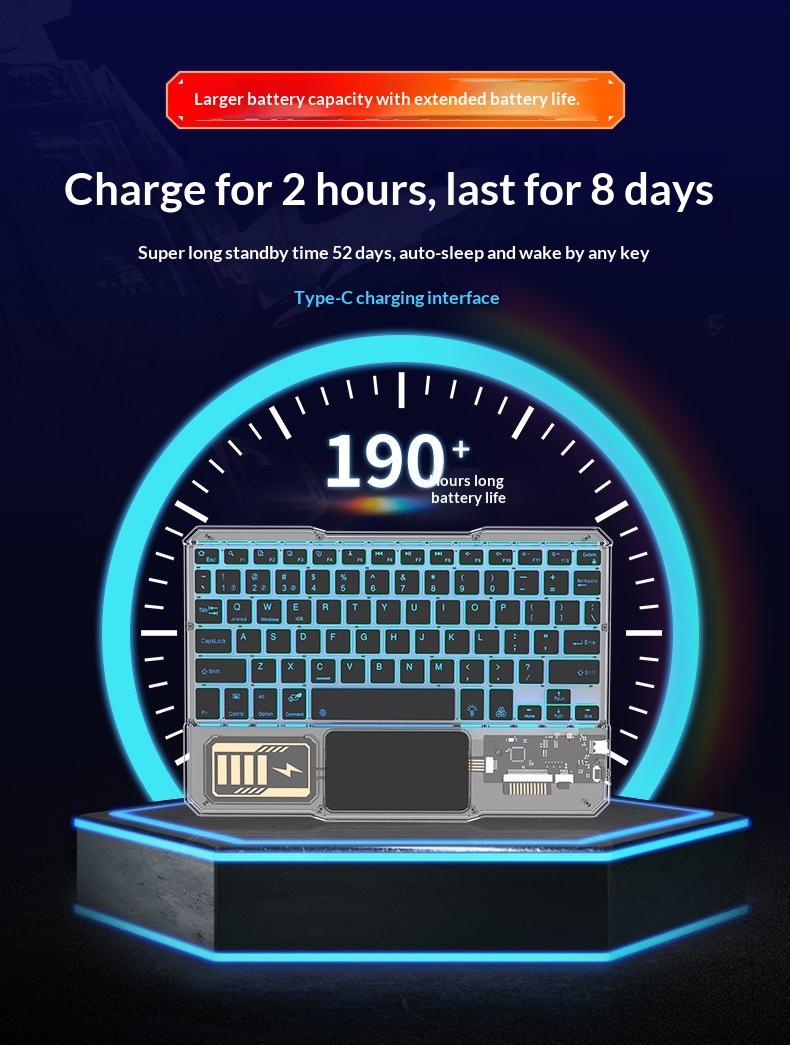 Compatible IPad Bluetooth Gradient Multi-System Device Silent Lightweight Portable 10inch Luminous Transparent Keyboard_voghion.com