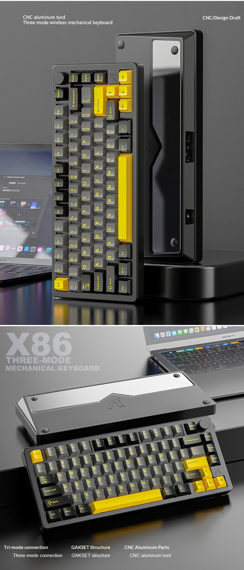 Teclado mecánico Attack Shark X86 con acabado de aluminio, RGB, inalámbrico, Bluetooth y estructura de junta de tres modos._voghion.com