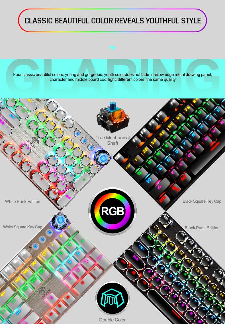 Tastiera meccanica autentica, stile steampunk rosa femminile, con manopole per computer blu e bianche a sublimazione, ideale per il mercato transfrontaliero._voghion.com