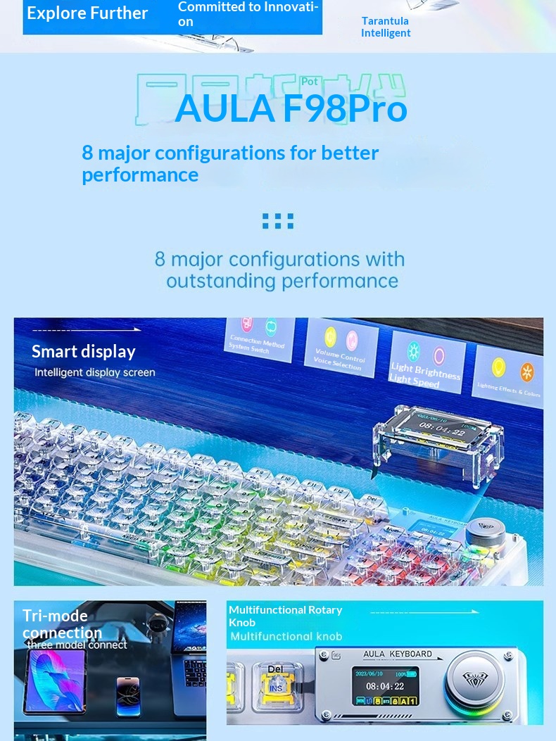 Wolf Spider F98pro/F98ProV3 Transparent Customized Three-Mode Wireless Bluetooth Mechanical Keyboard With Hot-Swappable_voghion.com