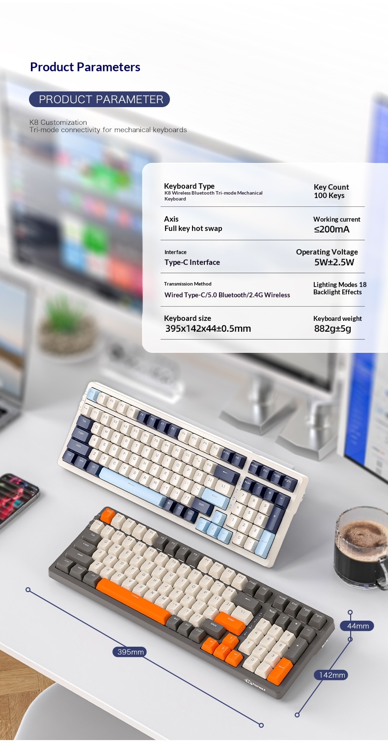 Liberty Wolf K8 Mechanical Keyboard Wireless 2.4G Bluetooth Tri-Mode Hot-Swappable Customizable Gaming Gasket Structure_voghion.com