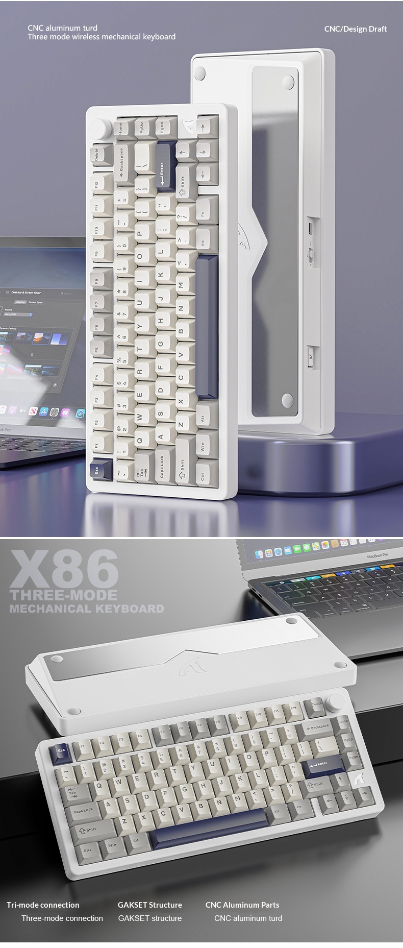 Teclado mecánico Attack Shark X86 con acabado de aluminio, RGB, inalámbrico, Bluetooth y estructura de junta de tres modos._voghion.com