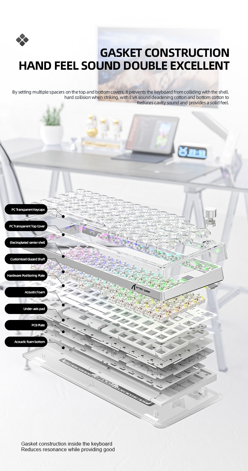 Tastiera meccanica wireless Bluetooth con guarnizione trasparente e sostituibile a caldo Attack Shark K75RGB_voghion.com