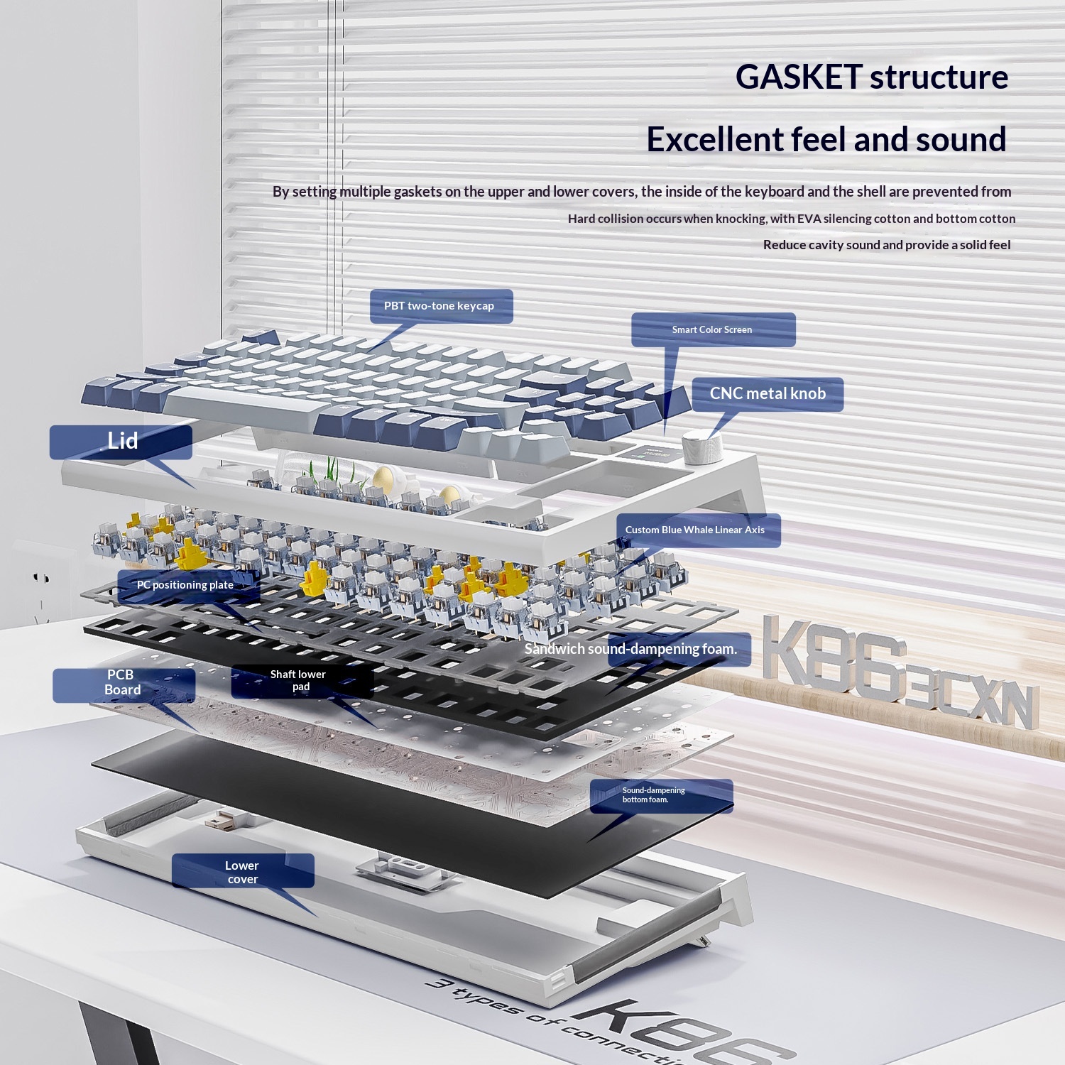 Tastiera da gioco meccanica wireless Bluetooth Attack Shark K86 Tri-Mode RGB con switch sostituibili a caldo, tastiera russa da gioco_voghion.com