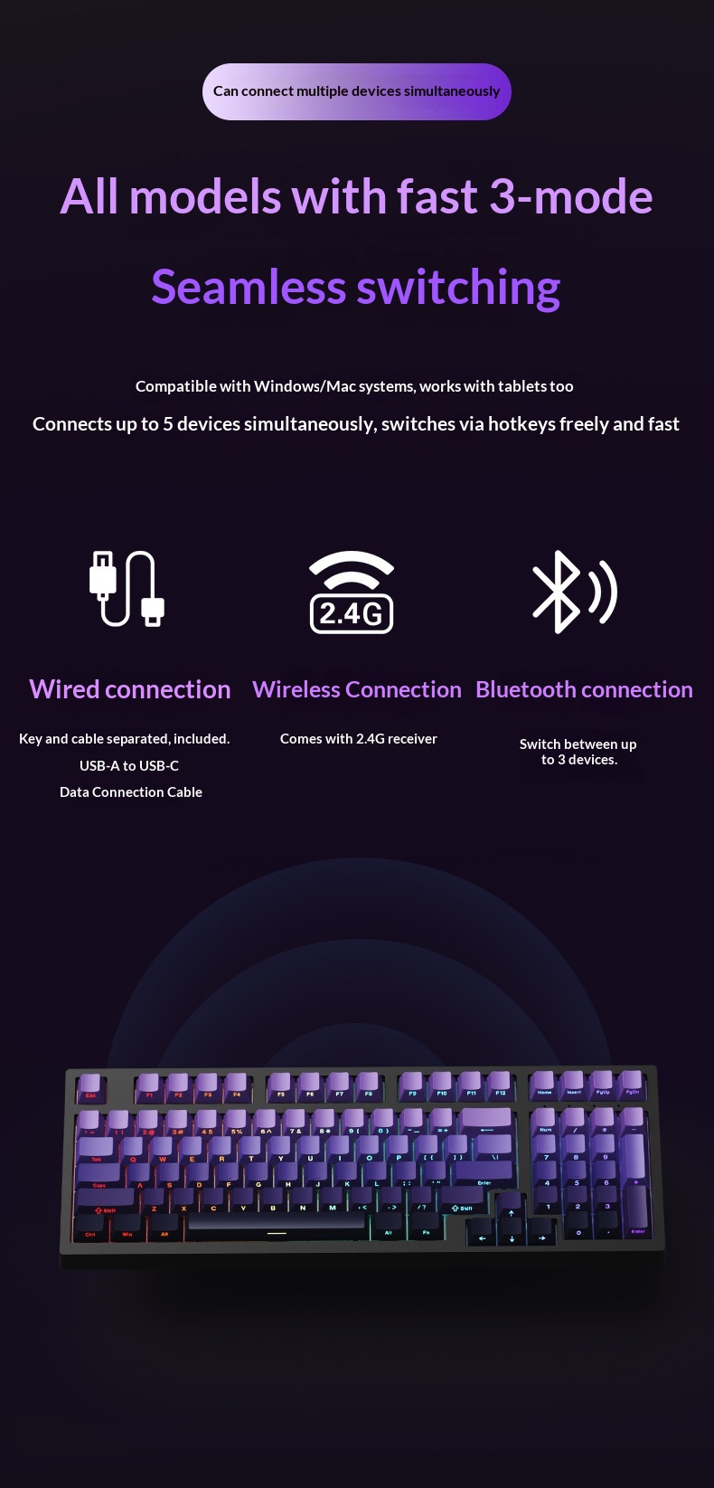 F98PRO Klavye, Oyun İçin Özelleştirilebilir Kablosuz Üç Modlu RGB Bluetooth Mekanik Klavye_voghion.com