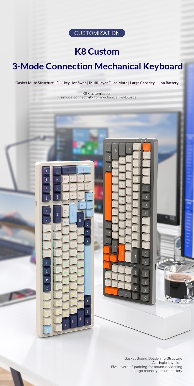 Liberty Wolf K8 Mechanical Keyboard Wireless 2.4G Bluetooth Tri-Mode Hot-Swappable Customizable Gaming Gasket Structure_voghion.com