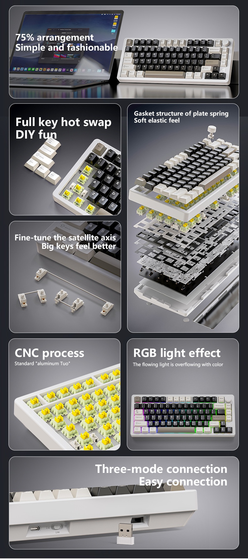 Teclado mecánico Attack Shark X86 con acabado de aluminio, RGB, inalámbrico, Bluetooth y estructura de junta de tres modos._voghion.com