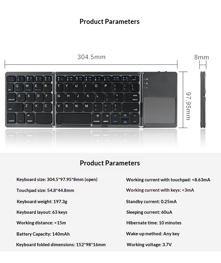 Grenzenlose, kabellose Bluetooth-Falttastatur, geeignet für Business-Tablets und Büros – ultradünn und tragbar_voghion.com