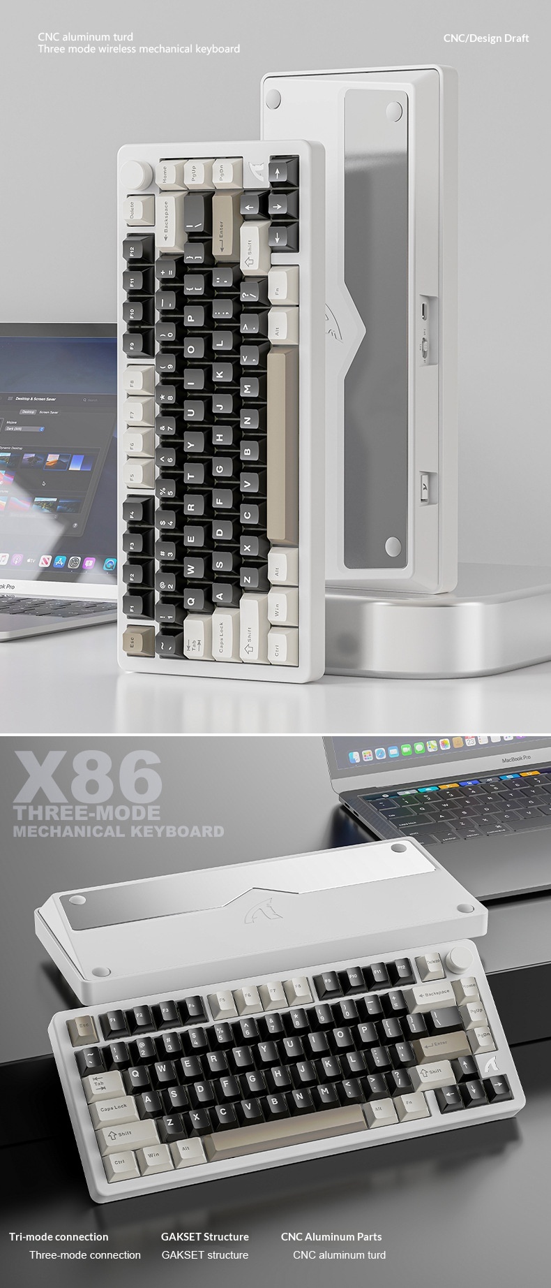 Teclado mecánico Attack Shark X86 con acabado de aluminio, RGB, inalámbrico, Bluetooth y estructura de junta de tres modos._voghion.com