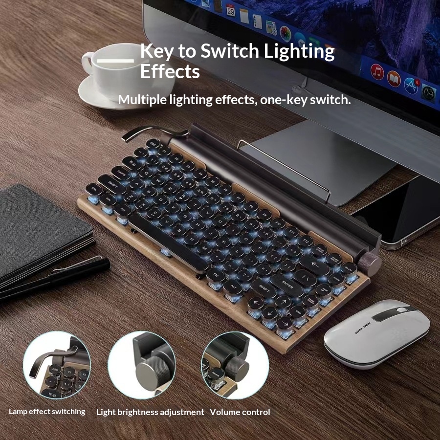 Cross-Border Source Punk Retro Gaming Internet Cafe Kabelgebundene Kabellose Bluetooth Mechanische Tastatur mit blauen Schaltern_voghion.com