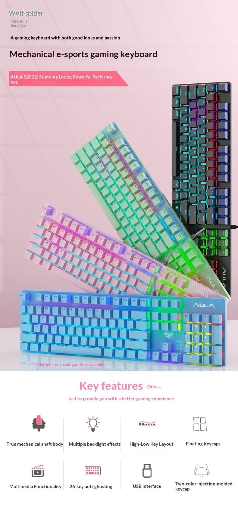 Tastiera USB luminosa Wolf Spider S2022 Meccanica Verde Axis per computer desktop e portatili, ideale per giochi e-sport._voghion.com