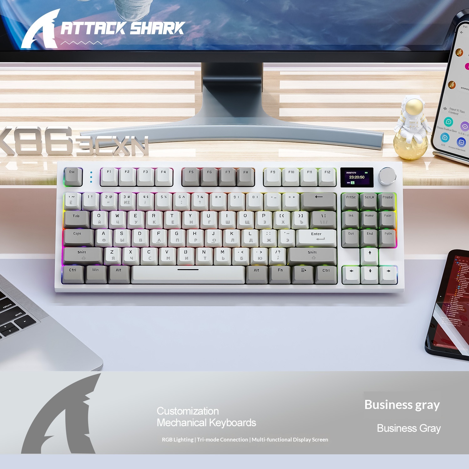 Tastiera da gioco meccanica wireless Bluetooth Attack Shark K86 Tri-Mode RGB con switch sostituibili a caldo, tastiera russa da gioco_voghion.com