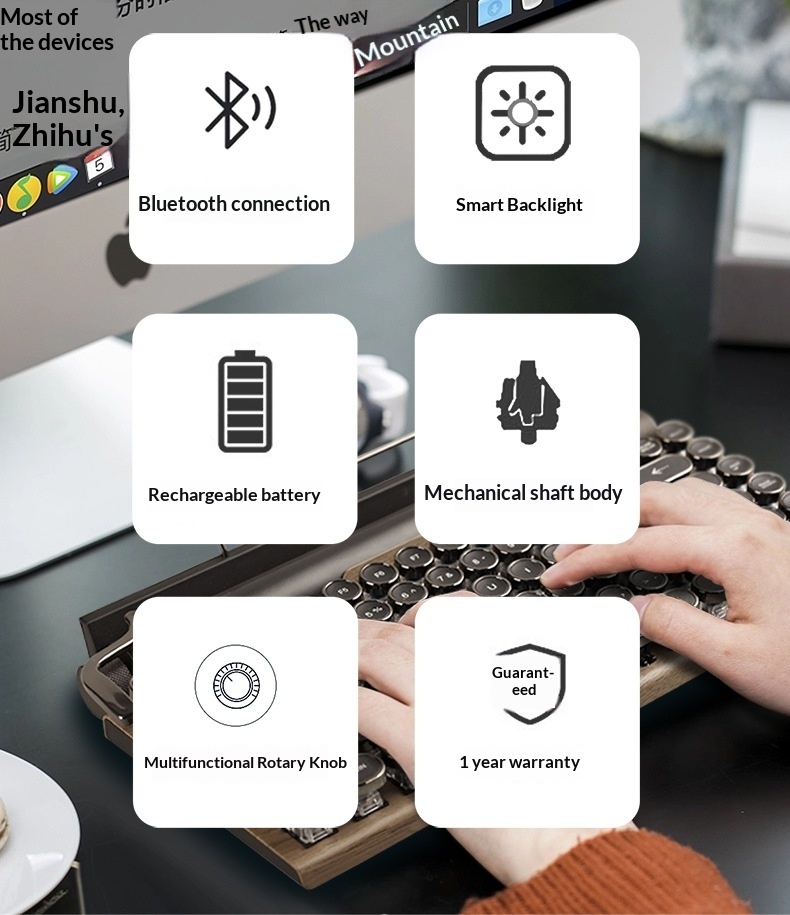 Cross-Border Source Punk Retro Gaming Internet Cafe Kabelgebundene Kabellose Bluetooth Mechanische Tastatur mit blauen Schaltern_voghion.com