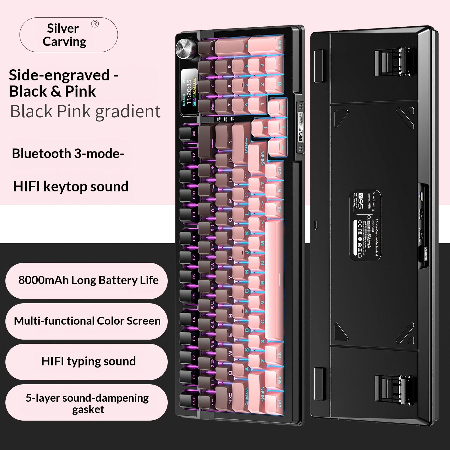 Srebrny Eagle 95D, trójtrybowy, mechaniczny, z bocznym nadrukiem gradientowym, dwukolorowy, wtryskowy, bezprzewodowy, Bluetooth 98 RGB, przewodowy_voghion.com