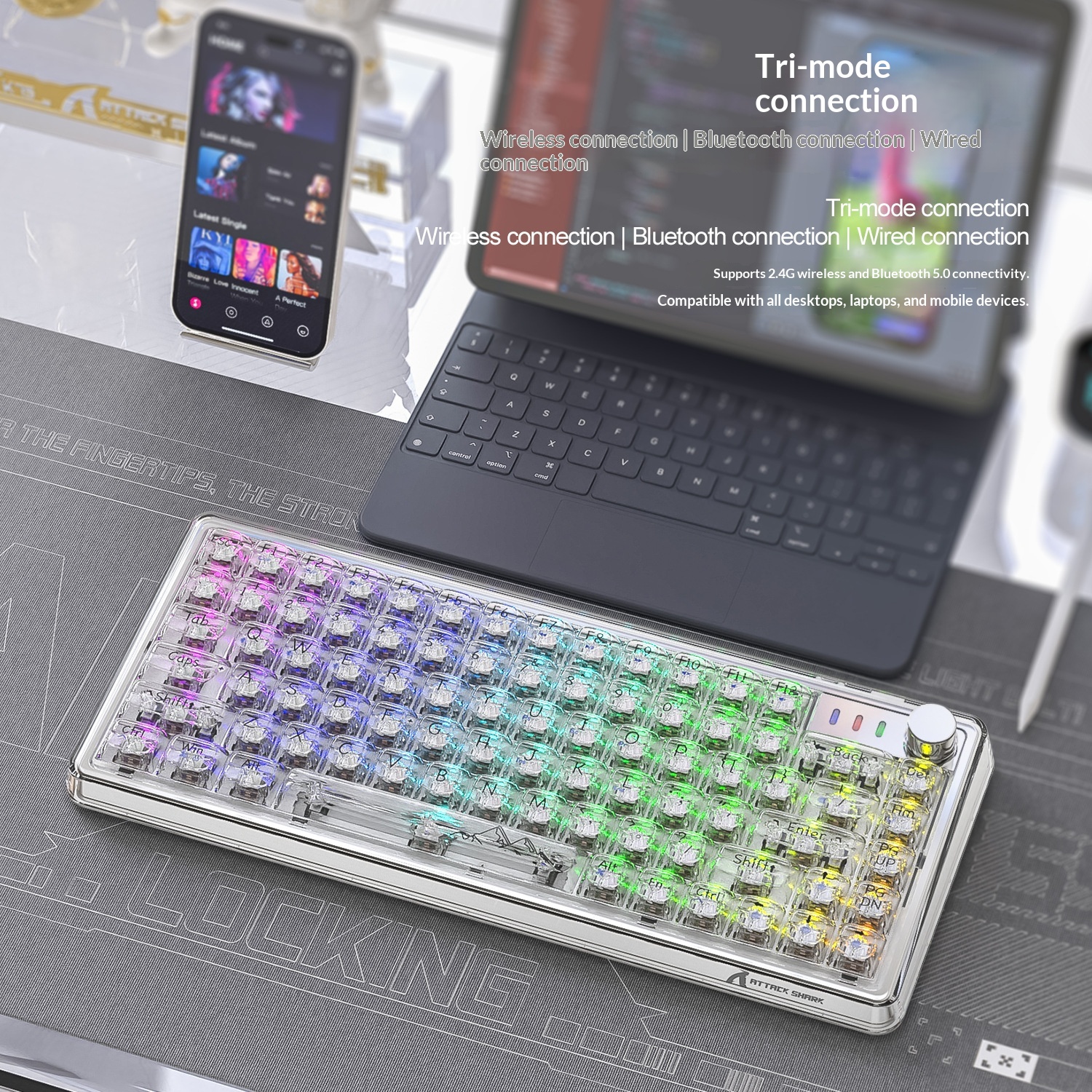 Teclado mecánico inalámbrico Bluetooth Attack Shark K75RGB con junta transparente e intercambiable en caliente_voghion.com