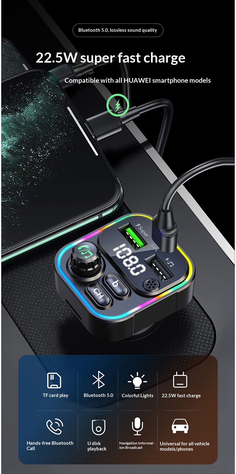 Cross-border New Bluetooth MP3 Super Fast Charging Multi-functional Car Player Charger FM Transmitter_voghion.com