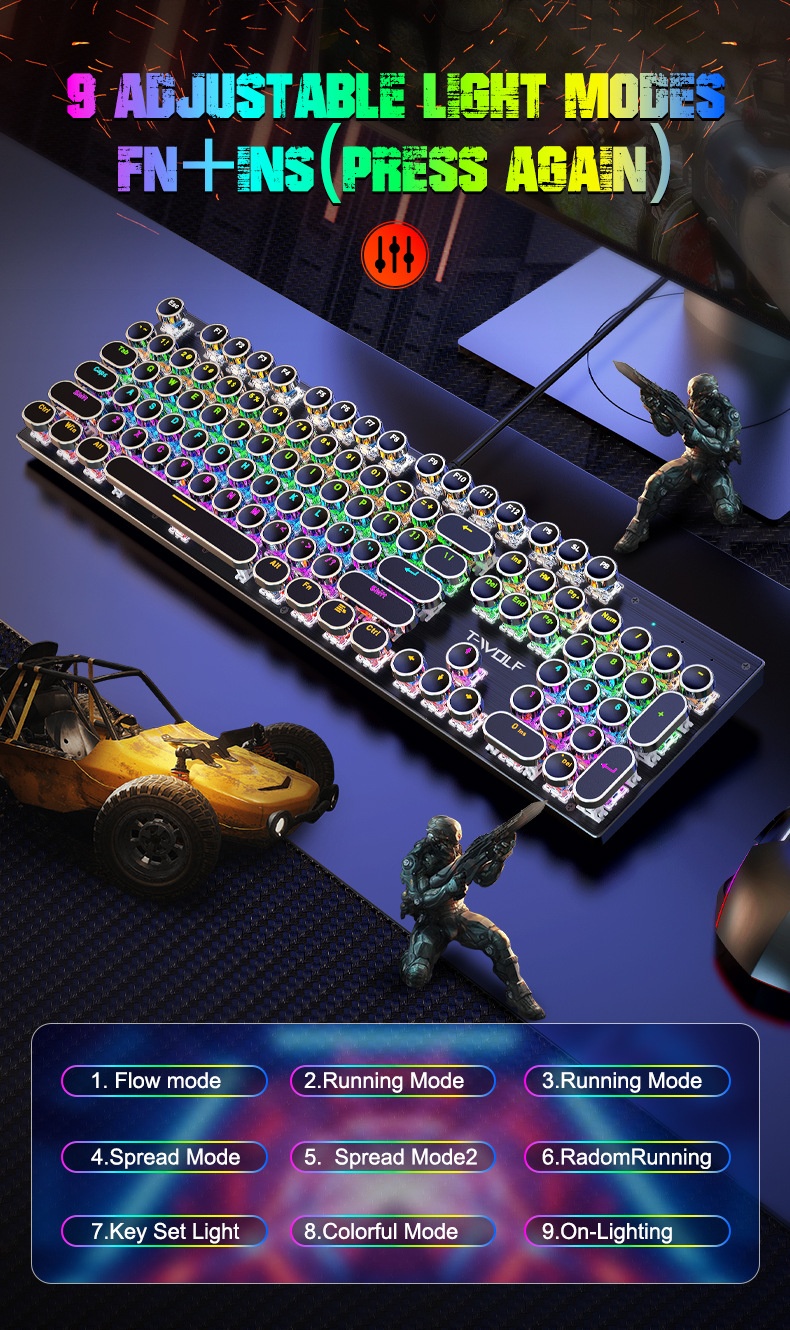 Tastiera meccanica da gioco T-WOLF Thunder Wolf T75 con pannello in metallo, stile punk retrò, rotonda, russa/coreana_voghion.com