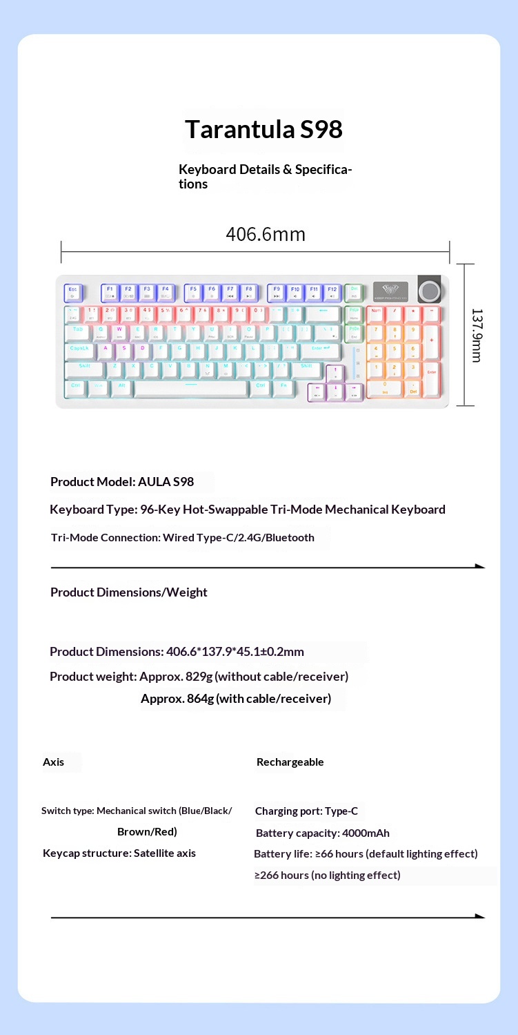 Teclado mecánico, con cable, inalámbrico, Bluetooth, intercambiable en caliente, apto para distribución de 98 teclas, estructura de junta, disponible para_voghion.com