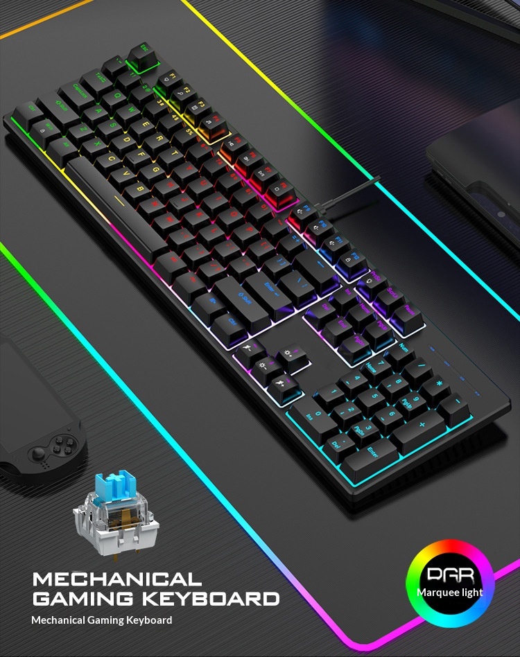 Clavier mécanique filaire de jeu à 104 touches avec interface Type-C et interrupteur bleu, éclairage RVB_voghion.com