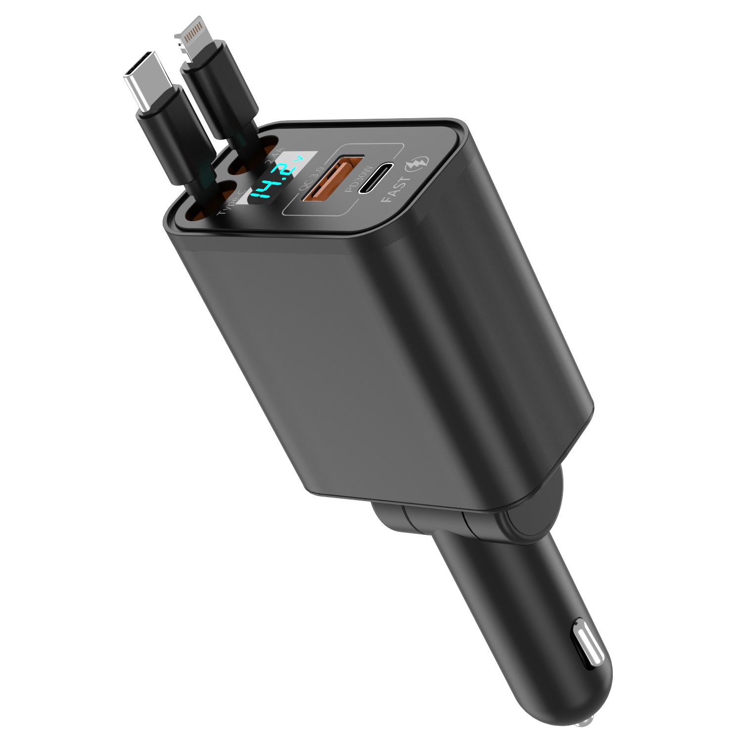 Car Charger Super Multi-Function Cigarette Lighter One-to-Four Retractable Cable PD Fast Charging Mobile Phone Adapter_voghion.com